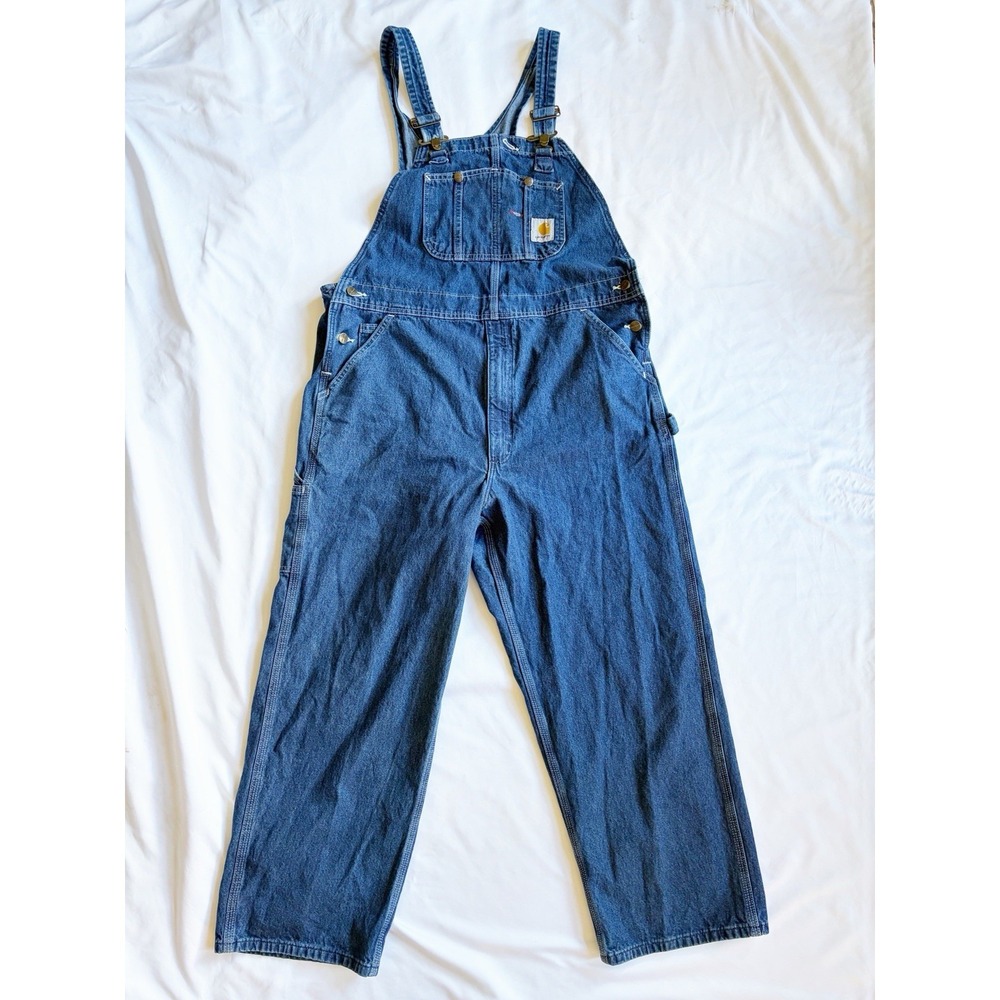 Carhartt Men Medium Washed Blue Denim Loose Fit Bib Overall Size 38x28